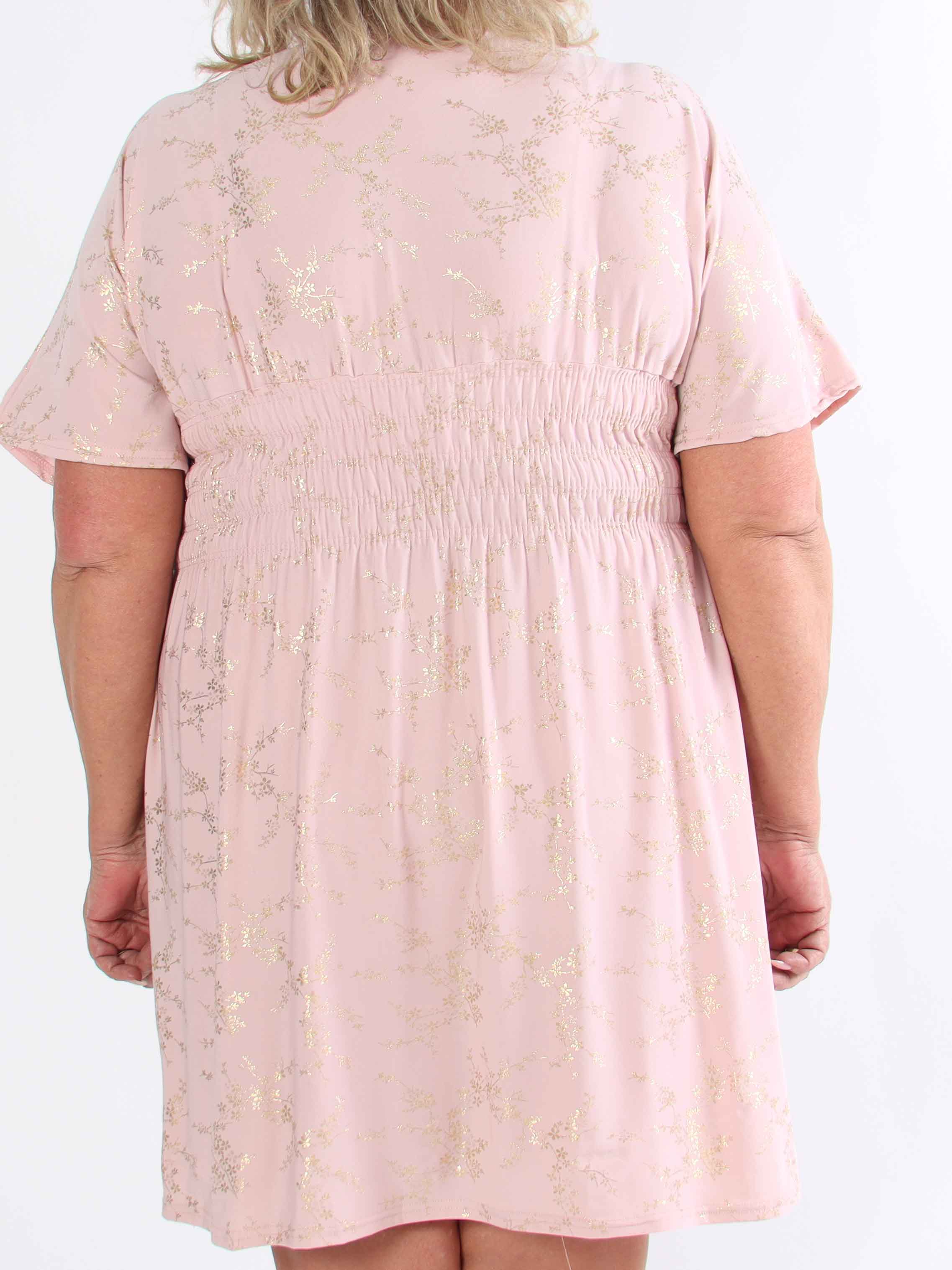 Pams Gold Short - Elastisk plus size kjole detaljeret med guld blomster